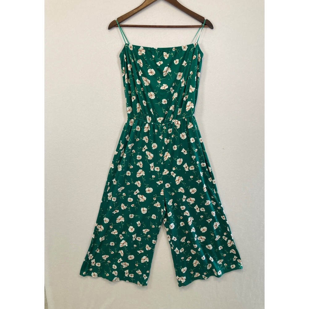 Miami Green Floral Print Wide Leg Cropped Jumpsuit Spaghetti Strap Size L